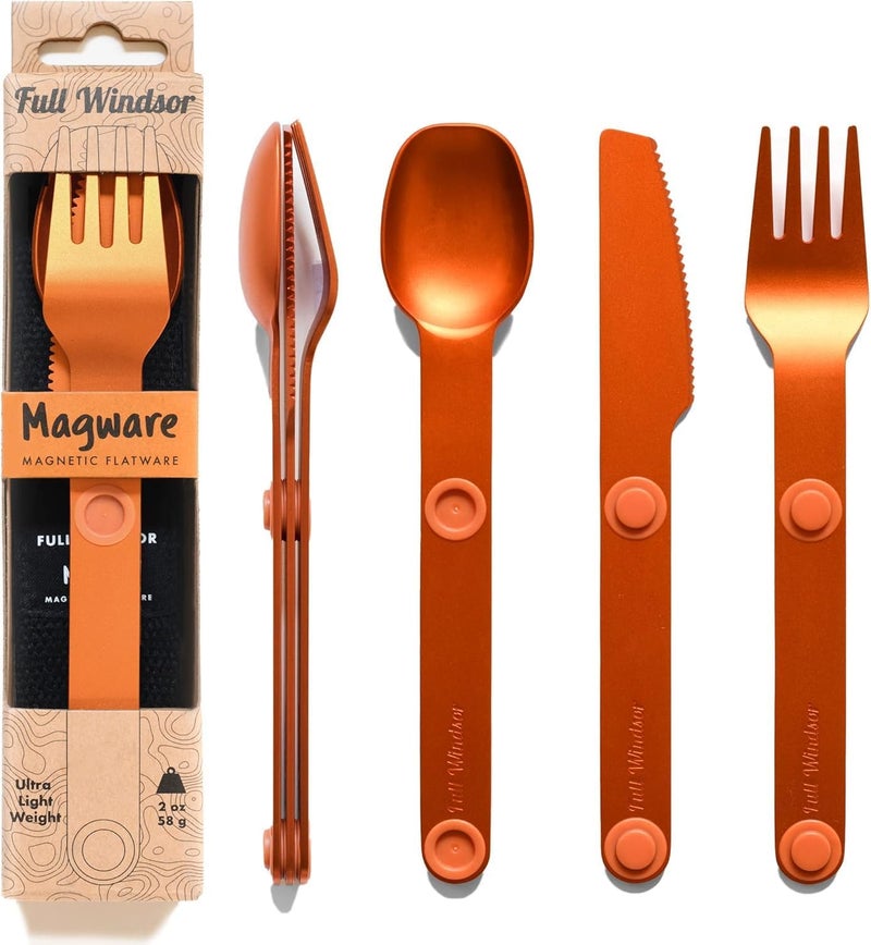 Full Windsor مجموعة أدوات تناول الطعام المغناطيسية من MAGWARE للتخييم - أدوات السفر للتخييم والطهي وتناول الطعام في الهواء الطلق - سكين وشوكة وملعقة - أدوات فضية محمولة مع حقيبة للتنزه - برتقالي (3 قطع) - Image 1